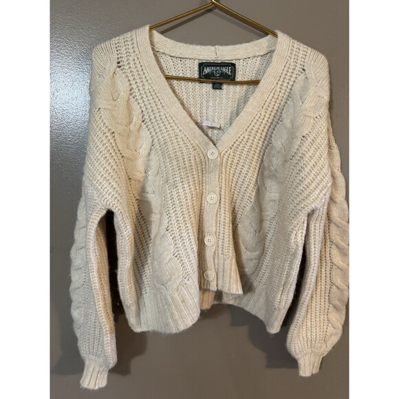 American Eagle Outfitters Sweaters - AMERICAN EAGLE Vintage Y2K Beige Chunky Wool Oversized Crop Sweater Womens S NWT